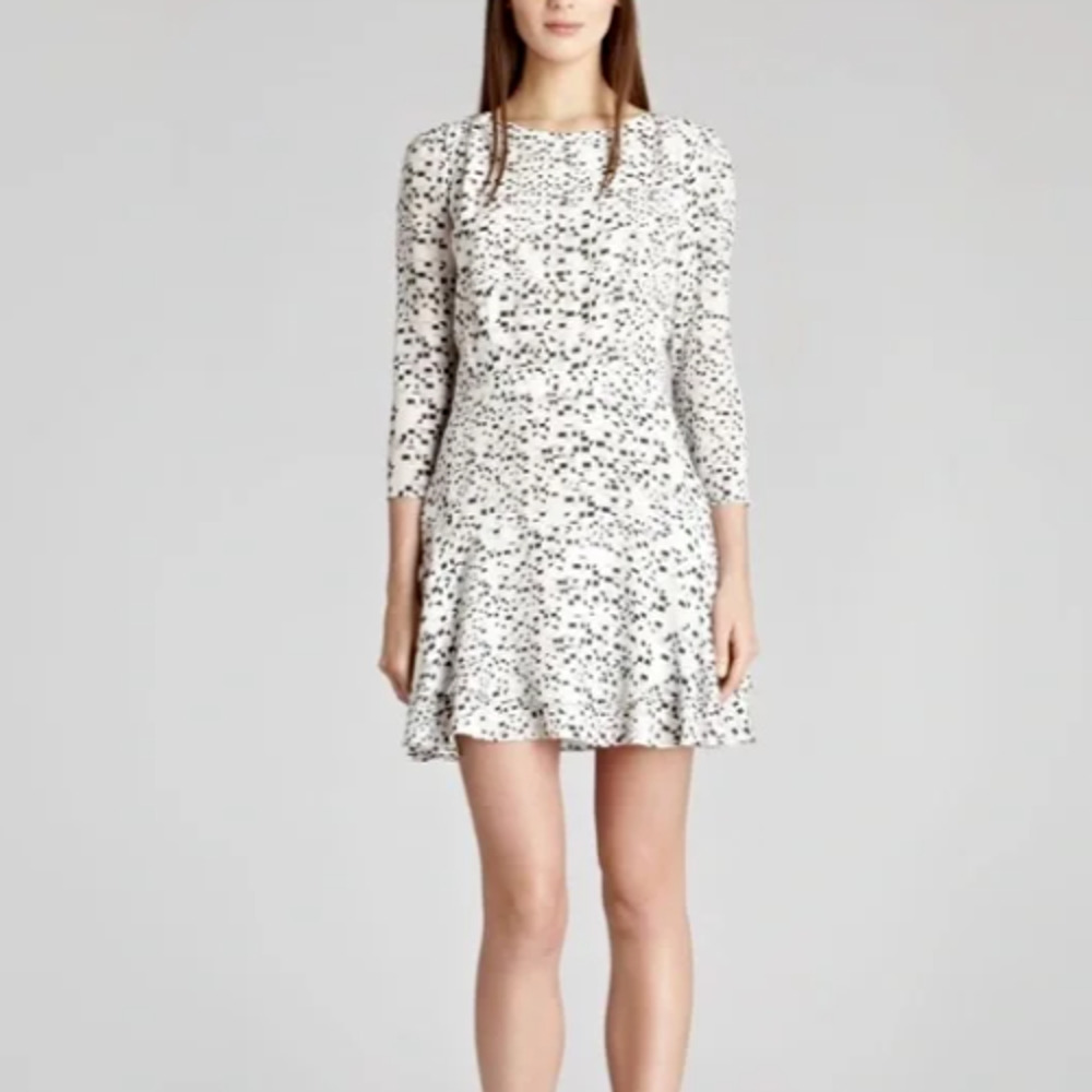 REISS Geometric Abstract Print Mini Fit N Flare Dress Size 6 Silk Ivory Chiffon
